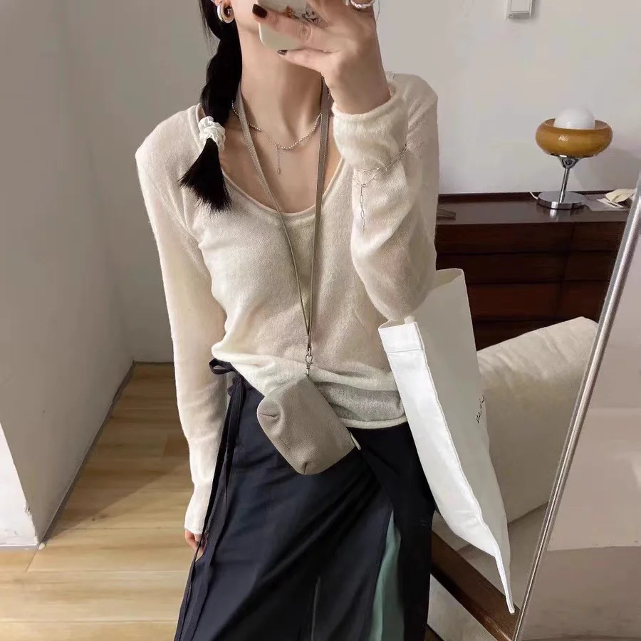 

Осенний трикотажный топ 2024 Dongda Gate, однотонный, приталенный, двусторонний, шерстяной, с круглым вырезом, длинный рукав, женская модная одежда