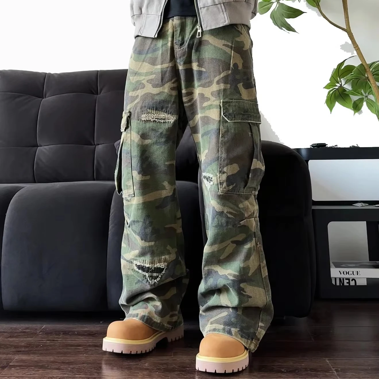 Baggy Jeans Men's Heavyweight Distressed Breathable Hip Hop Boyfriend Jeans Men's Work Pants Mid Waist Straight