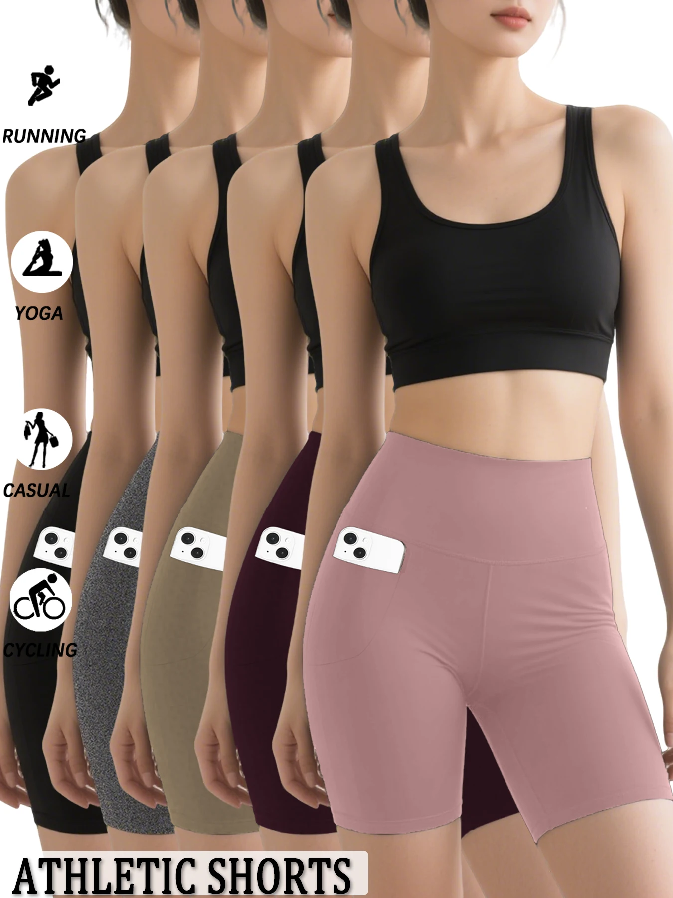 

5 Pack High Waisted Biker For Women With Pockets Tummy Control No See Through Workout Running Yoga Push Up Gym Fitness Shorts