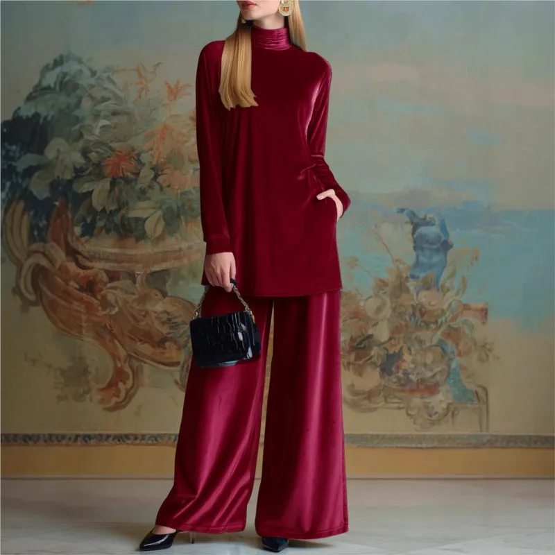Moda retrò Velluto dorato Set due pezzi Pullover dolcevita Top + Pantaloni a gamba larga per donna 2025 Temperamento invernale Abito femminile