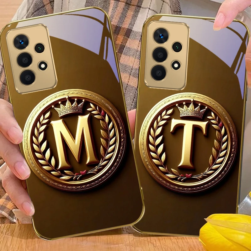 Retro style letters N T For Samsung A56 A55 A54 A53 A52s A52 A51 A16 A15 A14 A13 A12 A36 A35 A34 A33 32 Golden glass phone case