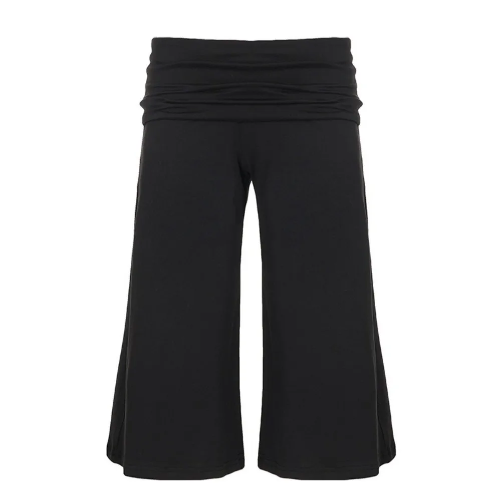 Fold Over Waistband Wide Leg Capri Pants Flowy Silhouette Cropped Length Low Rise Yoga Pants Stretch Fabric Low Rise Fit