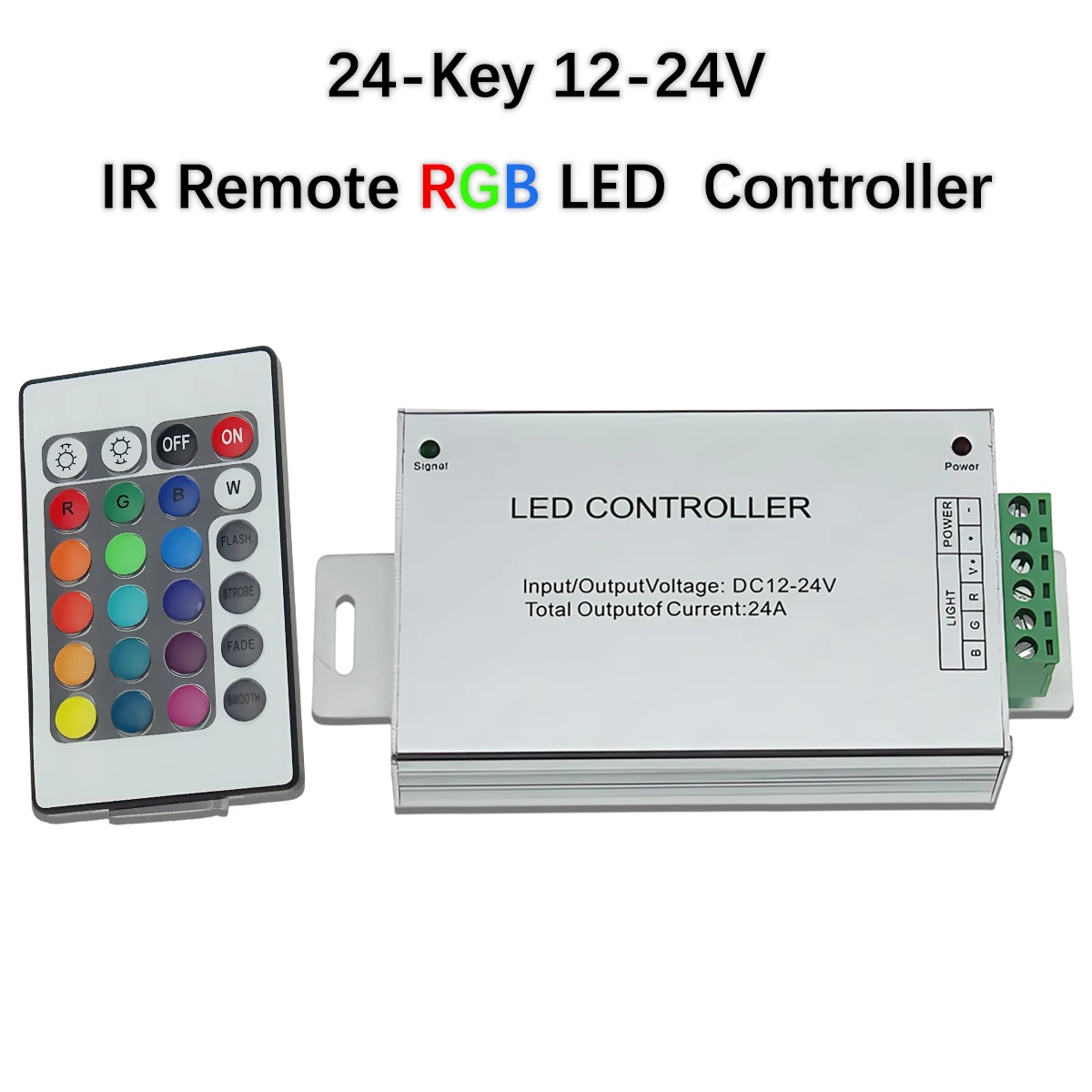 24-Key IR Remote RGB LED Controller - Color/Dimmer for Strip Lights, 24A Model (WS2811/WS2812B/1903 Compatible)