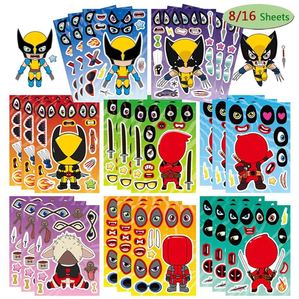 

8/16Sheets Deadpool & Wolverine Marvel Comedy Puzzle Sticker DIY Phone Laptop Luggage Skateboard Graffiti Decals Fun for Gift