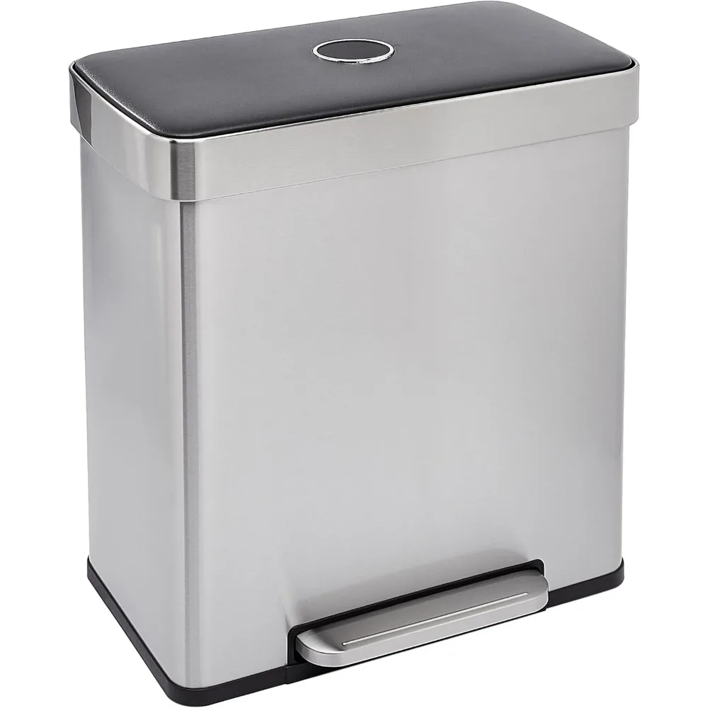 Dual Compartment Recycling Trash Can with Soft-Close Lid and Removable Liner Buckets, 60 Liters, Rectangular, Grey
