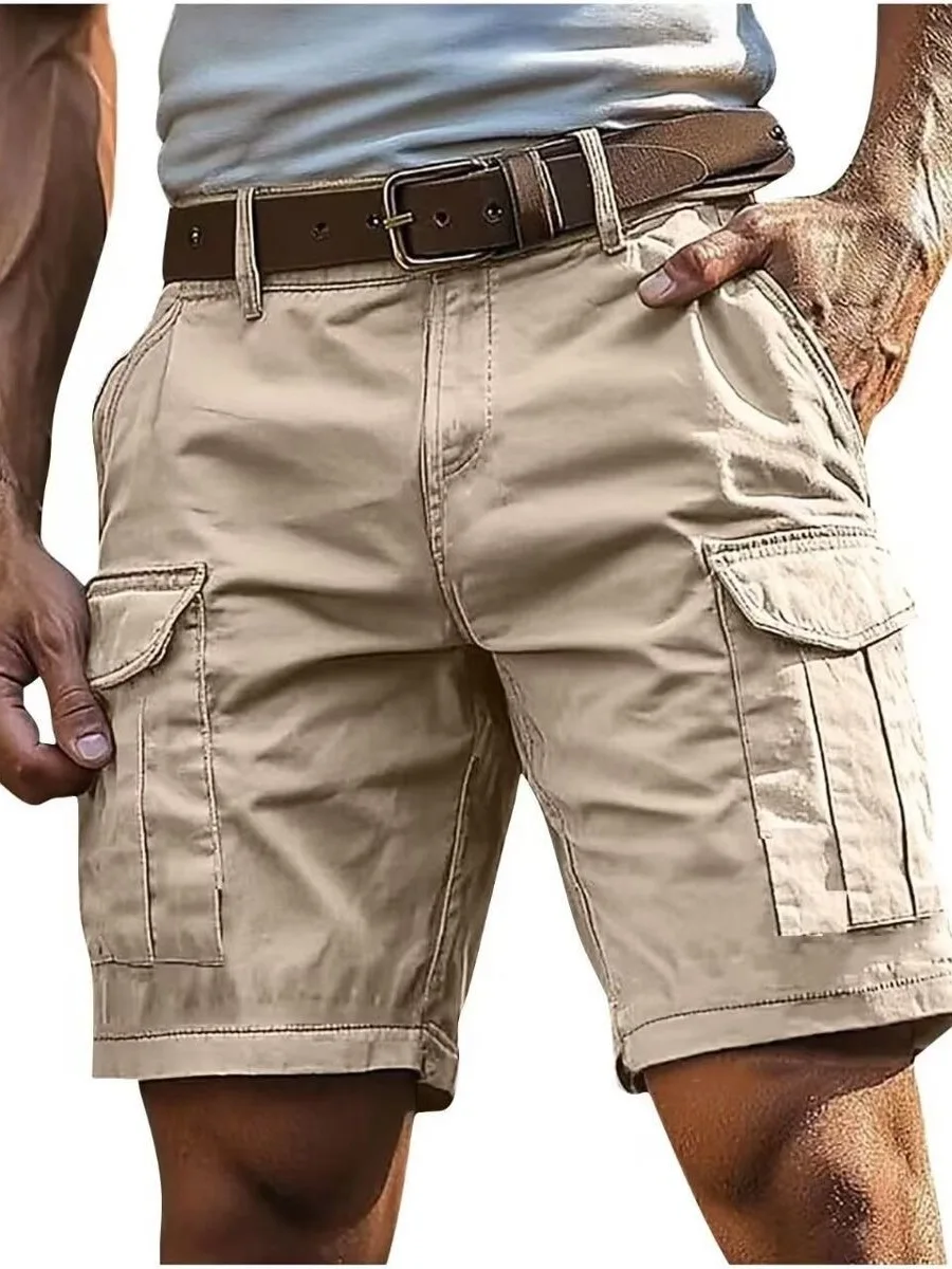 Heavyweight American Style Multi-Pocket Men's Shorts Casual Wear Five-Quarter Length Loose Fit Workwear Resistant Polyester F...