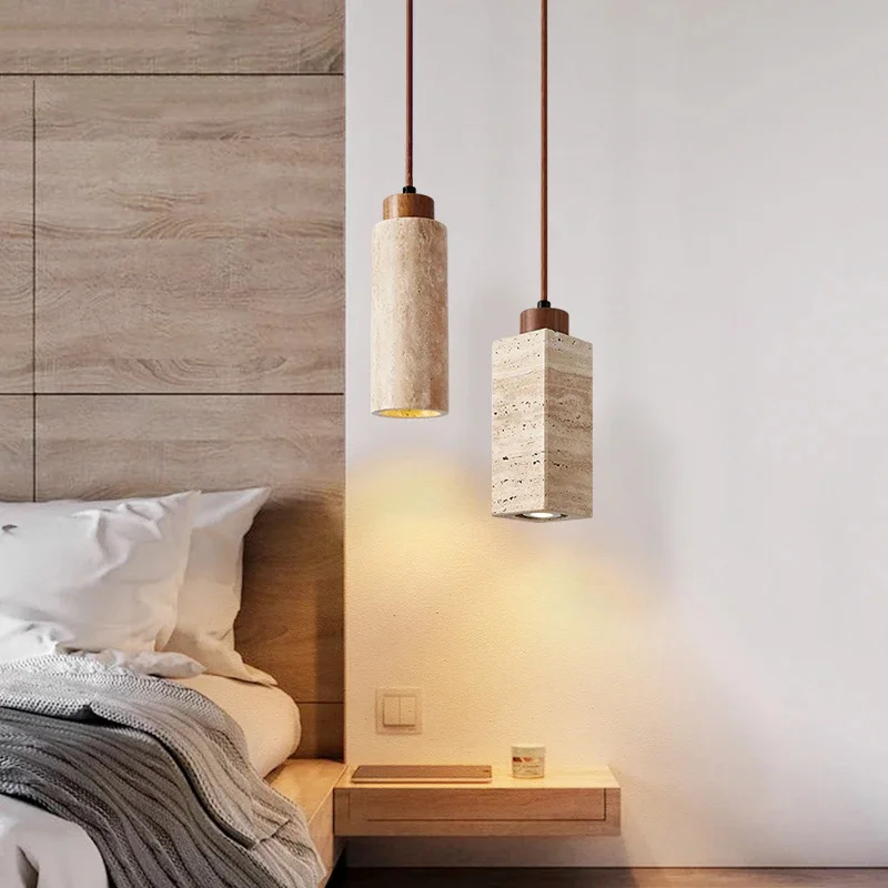 Wabi Sabi Yellow Travertine Stone Pendant Light Hanging Dining Room Chandelier Long Tube Wooden Decor Droplight for Home Bedroom