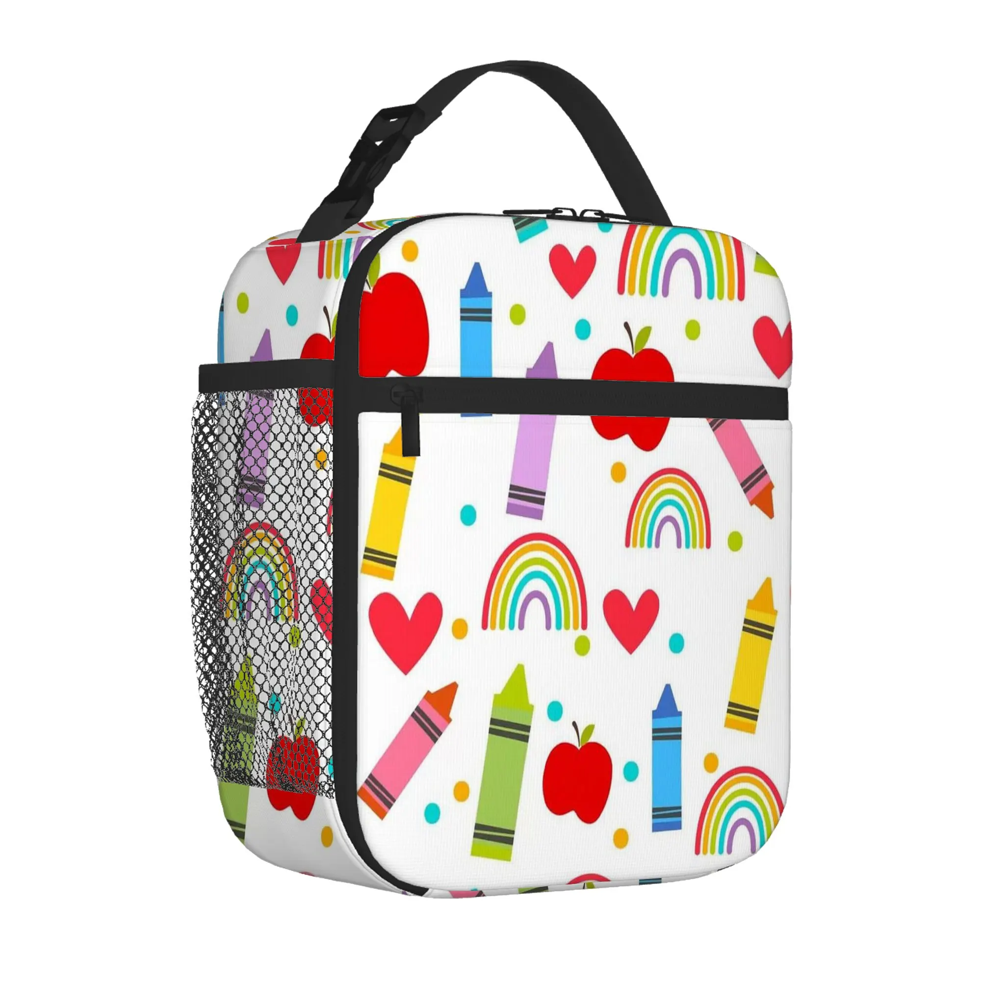 Rainbow Crayons Apples And Hearts Insulated Lunch Bag Portable Reusable Lunch Box Thermal Cooler Tote Bag With Pockets Gift