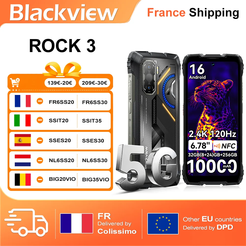 Smartphone robuste Blackview ROCK 3, 6,78'', 32 Go (8+24) Go + 256 Go, Android 16, 10000 mAh, NFC, 2,4K, 120 Hz, MediaTek G100, 108 MP