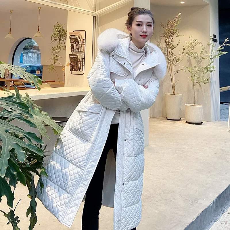 Winter Down Coat Women's Elegant Korean Diamond Knee Over Warm Hooded New Style Temperament Large Feather Neck Down Jacket Women