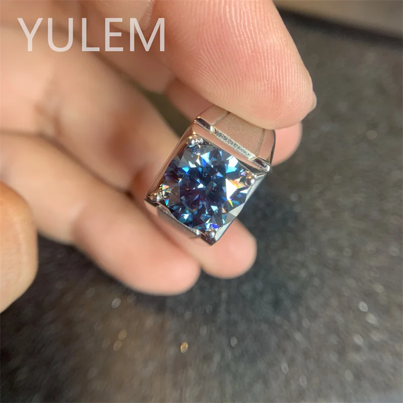 YULEM Big Size Blue Moissanite Men Ring 5ct 11x11mm Rings for Men 925 Silver Luxury Jewelry Best Gift for Men