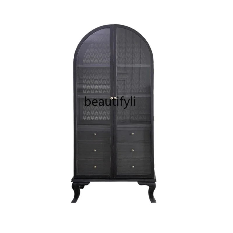 

French Retro Solid Wood Bookcase Sideboard Multi-Functional Storage Cabinet American Light Luxury Glass Wine Cabinet