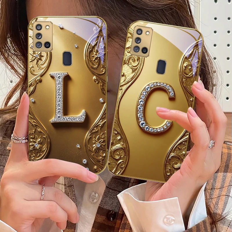 ダイヤモンドがちりばめられた「K」付きゴールデンガラス製スマ - Phone Cases A14 Samsung のレビューと価格