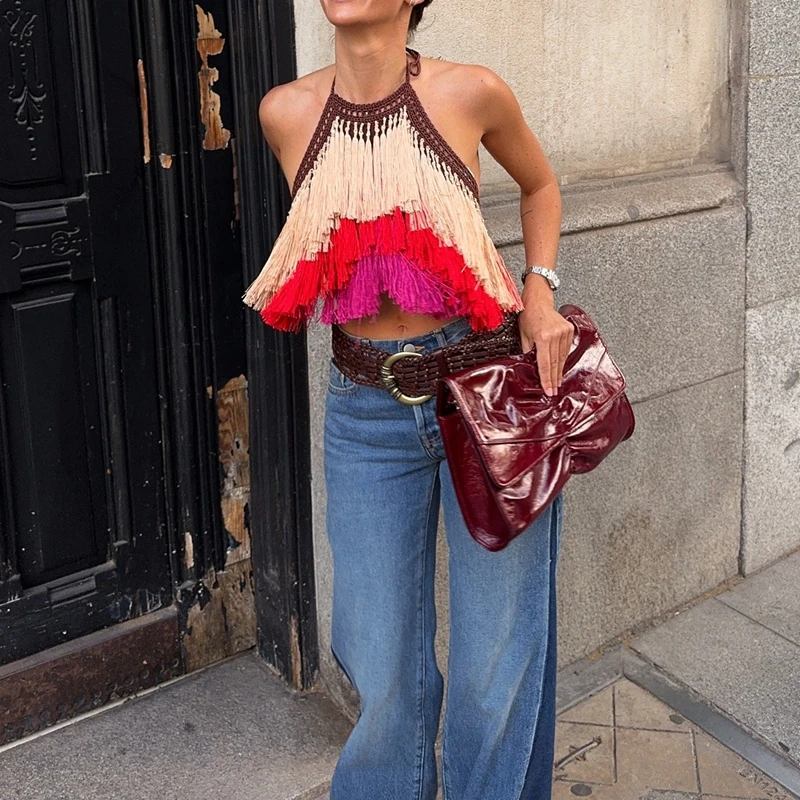 Women's Boho Fringe Halter Top Sleeveless Backless Tassel Tank Tops Y2k Sexy Asymmetrical Knit Party Camisole Vest