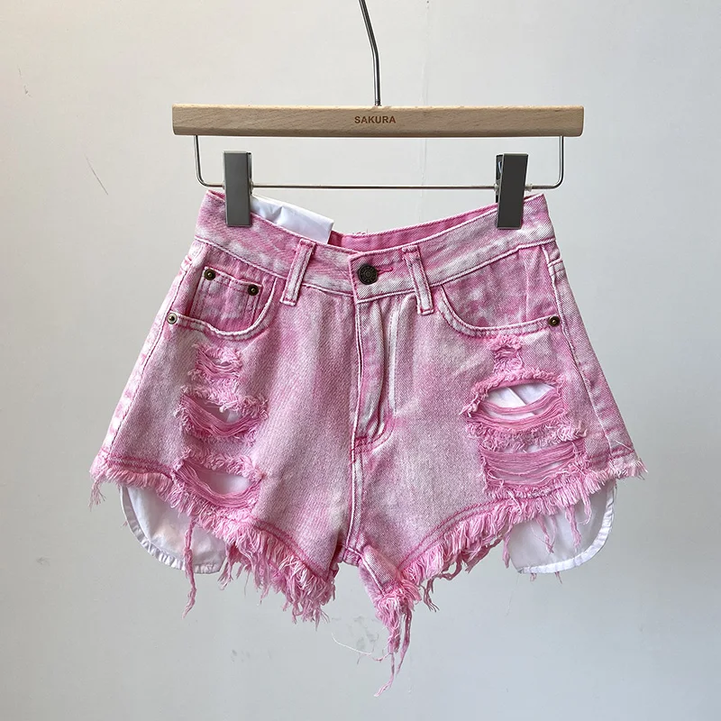 

American Retro Denim Wide Leg Shorts Fashion Ripped Hole Raw Edge Women's Versatile Low Waisted A-line Hotpants 2024 Summer