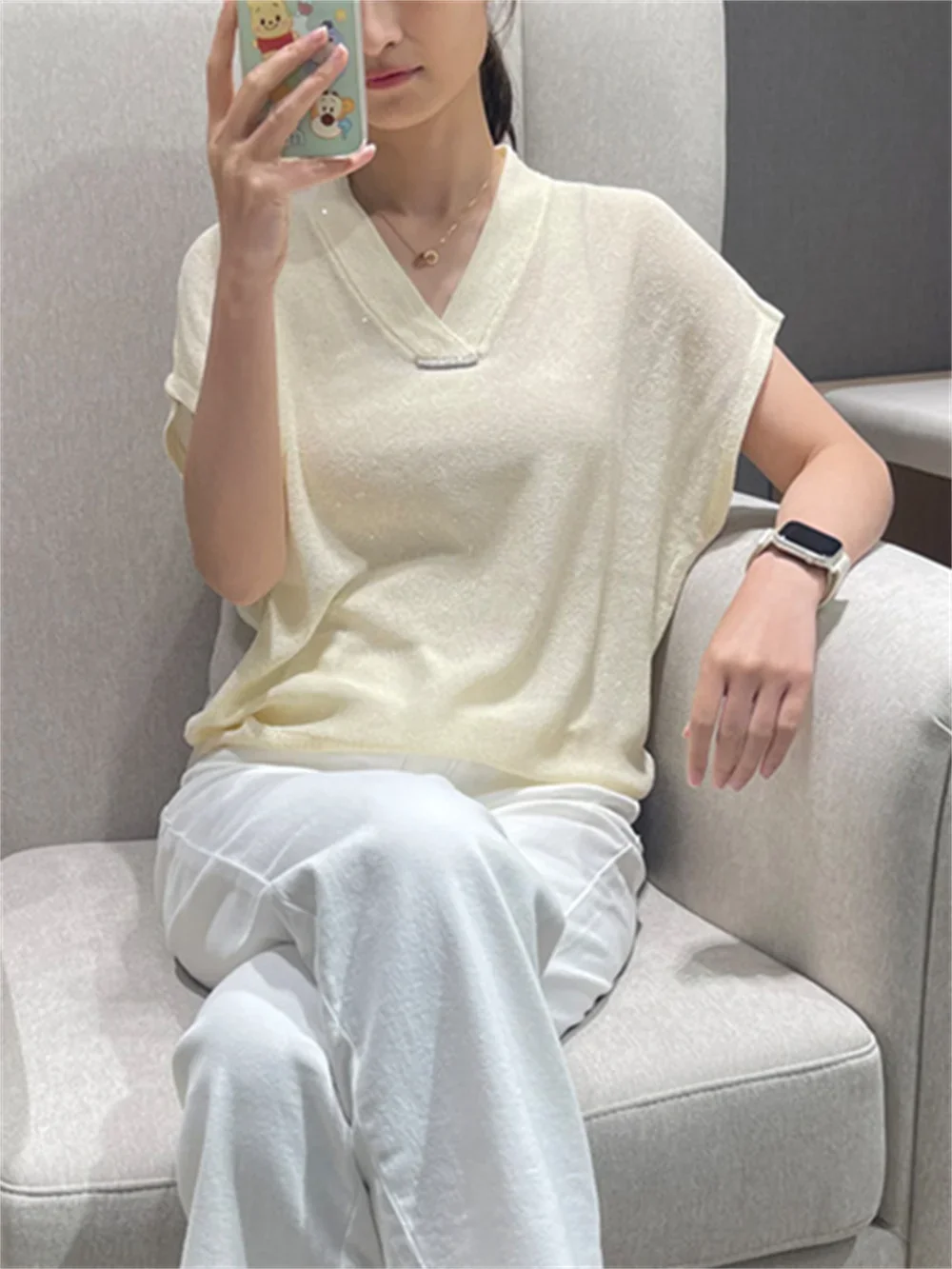 

Women‘s T-Shirt 2023 New Summer Bead Chain Diamond V-Neck Solid Color Loose Versatile Short Sleeve Tee