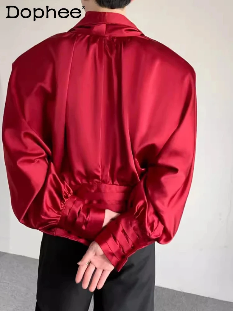 

2026 Men's Spring New Long-Sleeve Trendy Tops Fashion V-Neck Design Shoulder Pads Solid Color Shirts Simple Comfort Chic Shirts