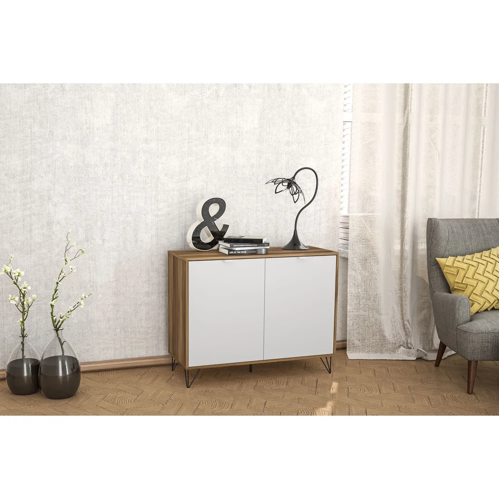 خزانة جانبية حديثة ببابين، رف قابل للتعديل، لمسة نهائية من الخشب والميلامين، أثاث تخزين مدمج، منظمة منزلية