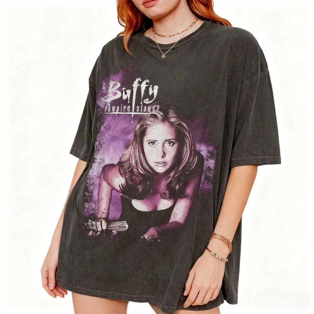 بافي مصاص الدماء القاتل تي شيرت تقليدي فيلم الرعب تي شيرت Sunnydale Razorback قميص هدية للمرأة والرجل للجنسين تي شيرت