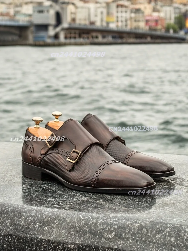 Double Monk Strap Oxfords Men Pointed Toe Brogue Perforated Buckle PU Leather Dress Shoes Textured Low Heel Party Weeding Shoes
