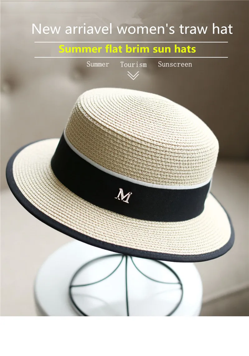 Sommer Outdoor M-Buchstabe Strass Flacher Rand Sonnenhüte Sommer Damen Bowler Hut Strohkappe für Reisen und Einkaufen – Detail 14