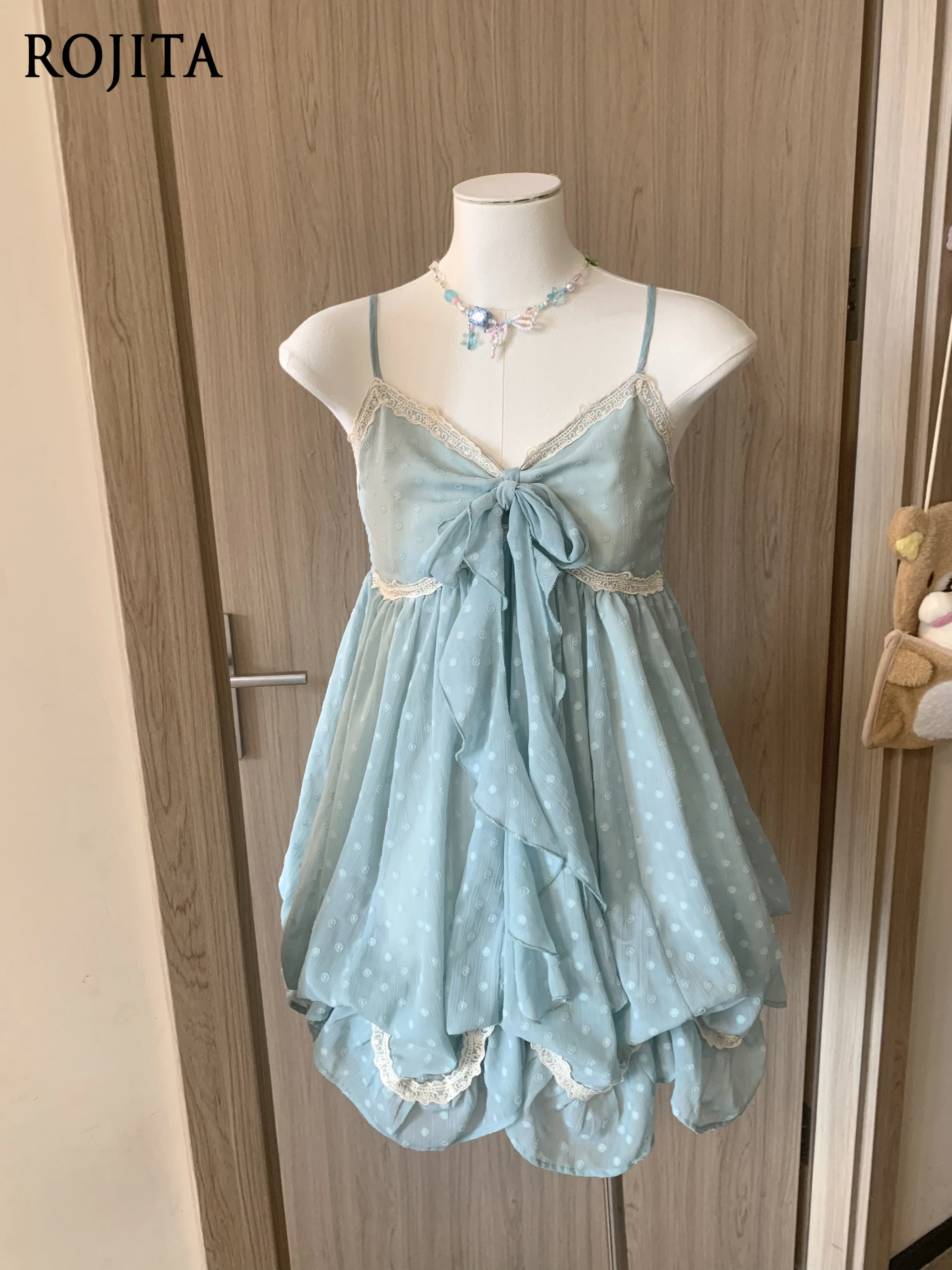 Vestido Camisero con Estampado de Lunares, Color Azul Claro, con Volantes y Ribete de Encaje, Vestido Tipo Slip Verde Menta para Mujer, Nuevo Vestido de Verano