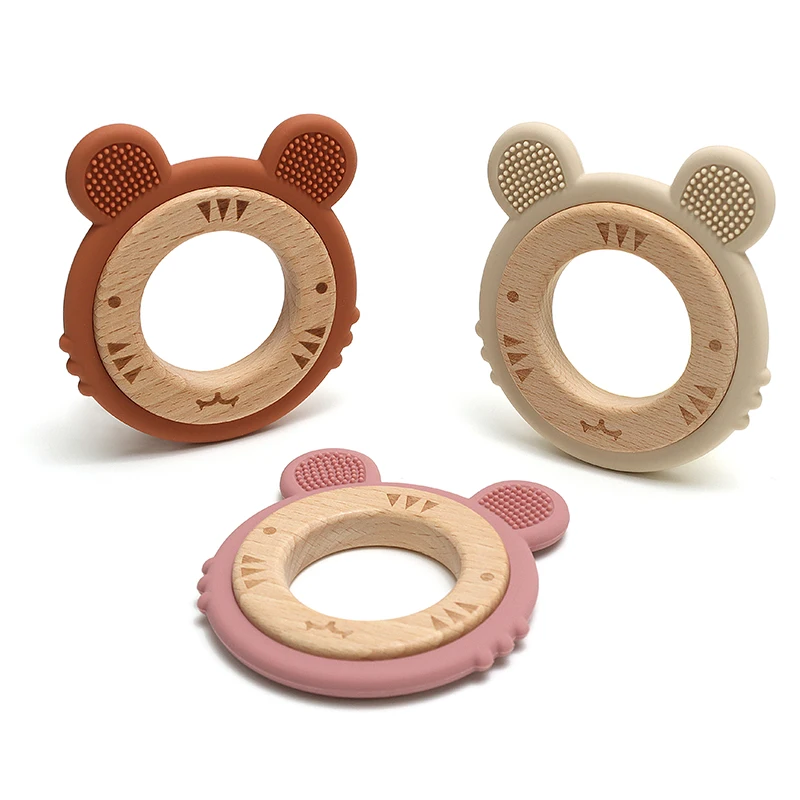 1pc Baby Beißring Silikon Armband BPA FREI Nette Cartoon Tiger Anhänger Zahnen Spielzeug Holz Ring Kauen Baby Zubehör Spielzeug