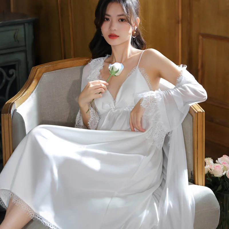 

2022 Long Sleeved Nightgown Women Sling Dress Robes Two Piece Nightdress Palace Style Gauze Sexy Housewear Suit V-neck Robe Sets