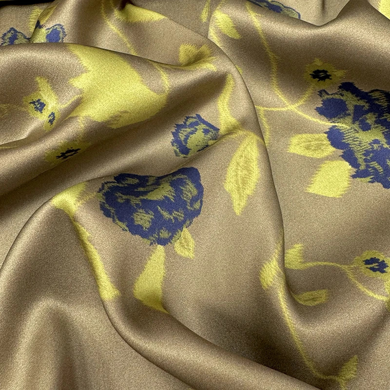 

1 meter 95% Mulberry Silk 5% Spandex 25 momme Charmeuse Silk Fabric Khaki with Floral Printed 140cm 55" wide by the yard JX168