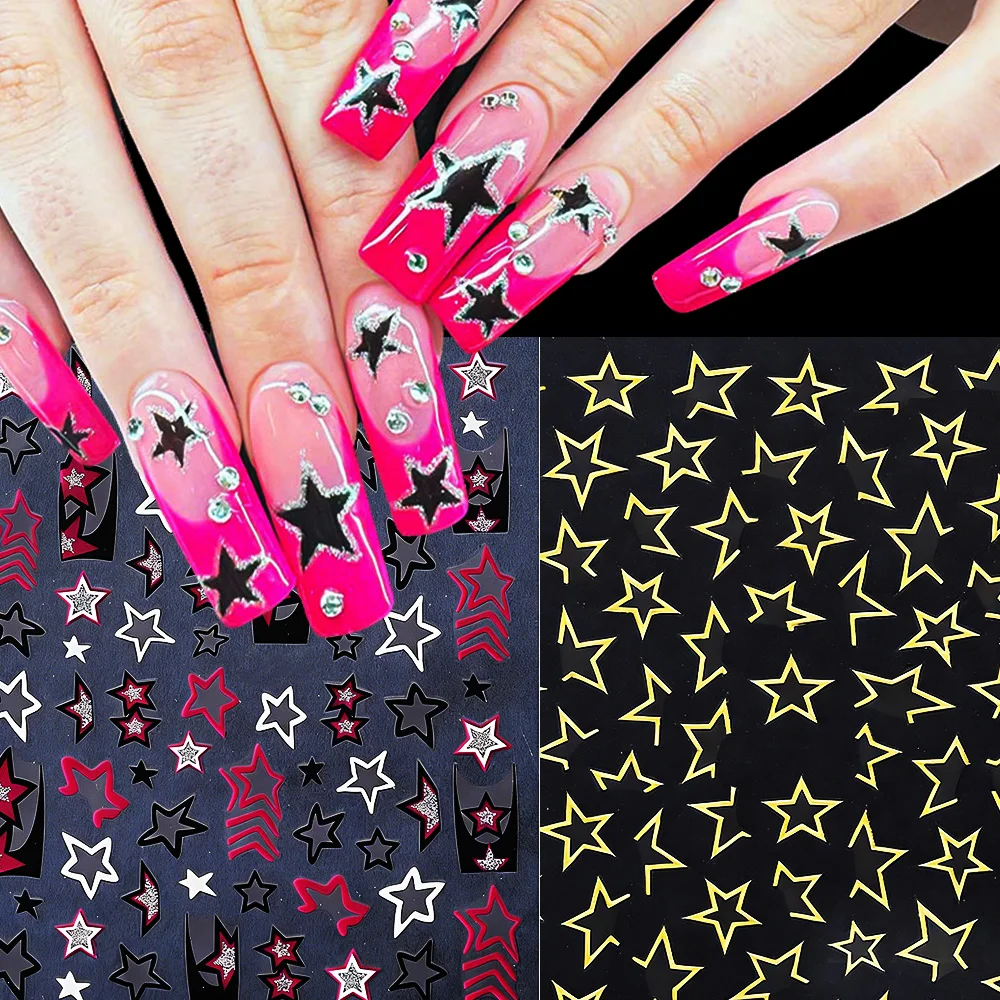 1Pc-Y2K Pink Black Hollow-out Pentagram Nail Stickers 3D Five-pointed Star Nail Decal Self-Adhesive Glitter Hollow Star Slider