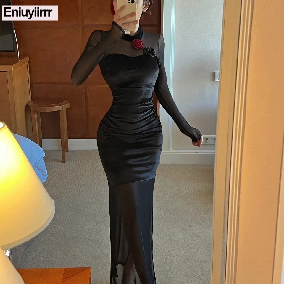 ชุดเดรสกำมะหยี่สีดำ แฟชั่นใหม่สำหรับผู้หญิง ดีไซน์ฝรั่งเศส ทรงเข้ารูป สไตล์เรโทร วินเทจ ผ้าตาข่ายยาวโปร่งบาง สง่างาม คอตั้ง