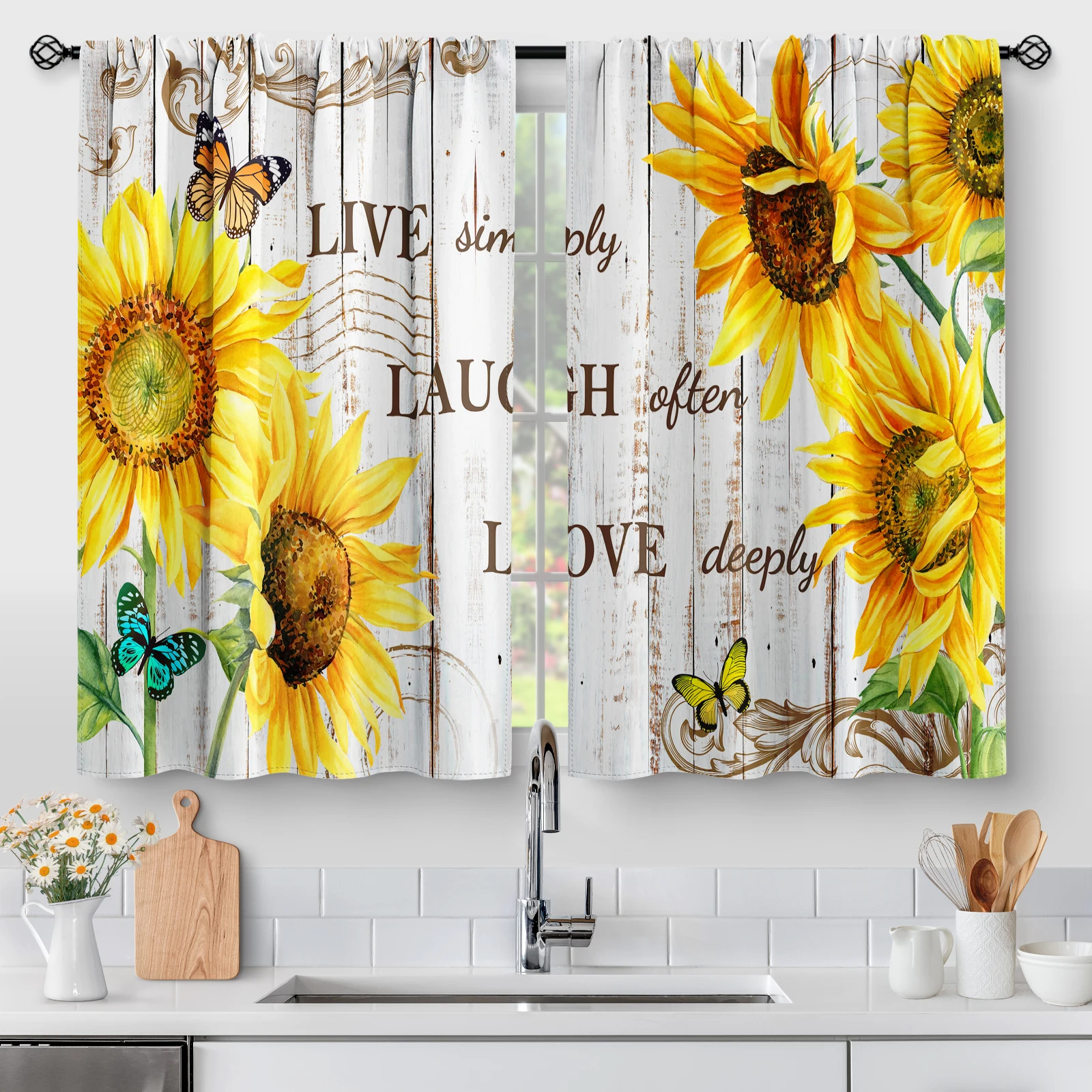 

2 Panels Sunflower Country Floral Kitchen Curtains, Rustic Vintage Flowers Farmhouse Short Cafe Curtains Retro Butterfly Decor