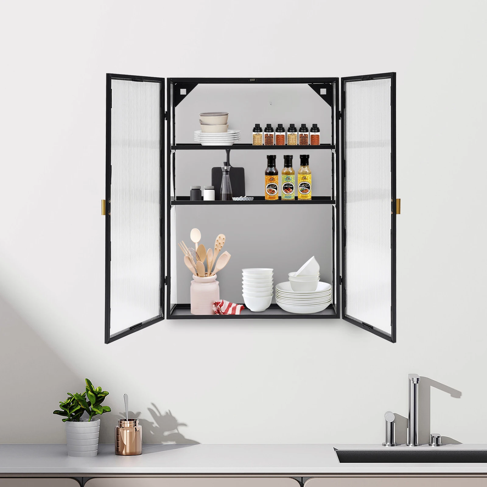 

Black Retro Style Cabinet, Double PC Door Wall Cabinet with Detachable Shelves for Office, Living Room, Kitchen and Bathroom