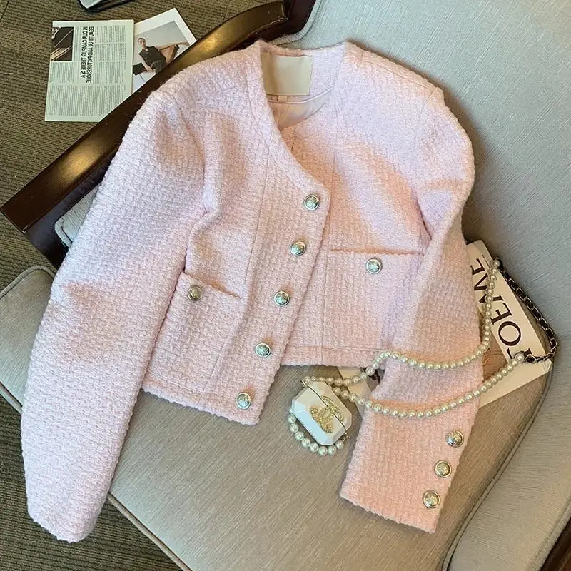 

EAEOVNI Chic Weave Plaid Tweed Short Jacket Women Spring Temperament Luxury Long Sleeve Top Fashion Street Female Jackets Coats