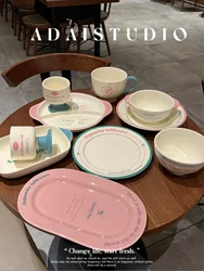 Korean Style Letter French Tableware Ceramic Plate and Bowl Set Household Rice Bowl Breakfast Plate for One Person