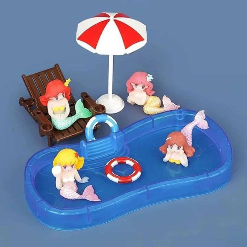 Conjunto de decoração de casa de bonecas em miniatura de praia com cadeira guarda-chuva anel de natação conjunto de piscina para casa de boneca acessórios de brinquedo