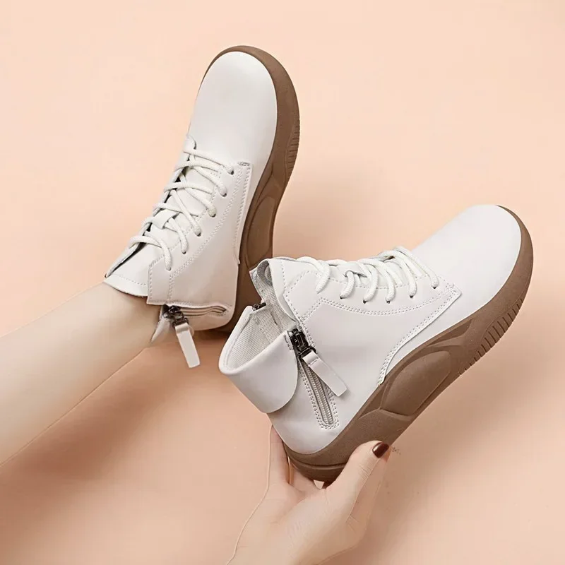 Leather Women Boots  Round Toe Platform Sport Shoes for Women Zipper Decorated Short Boots Color Walking Female Ankle Booties