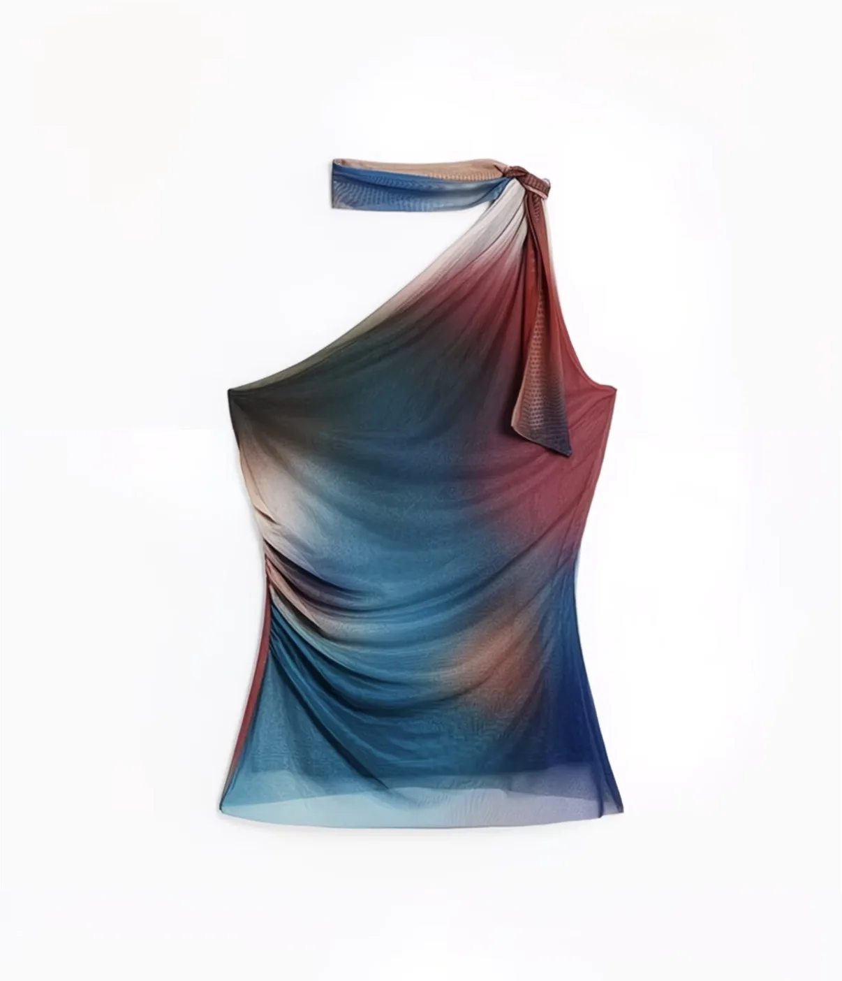 2026 Spain original fashion mesh slim asymmetric design with gradient printed cross shoulder women's T-shirt top, light and thin