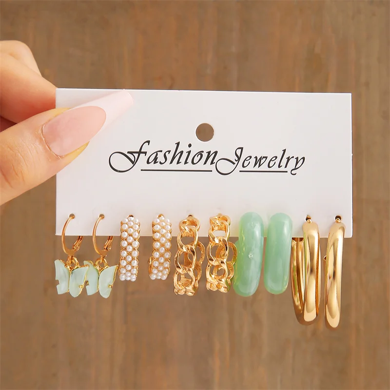 Trendy Colorful Earrings Set For Women Girls Green Resin Pearl Gold Color Metal Circle Dangle Earrings 2022 New Fashion