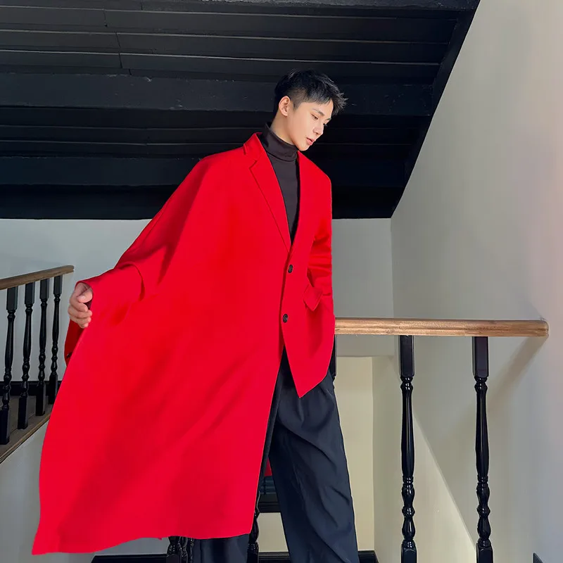 

Asymmetric Splicing Wide Tail Coat Style Casual Suit for Men in Red Trendy Outerwear Middle Length Loose Fit Youth Fashion