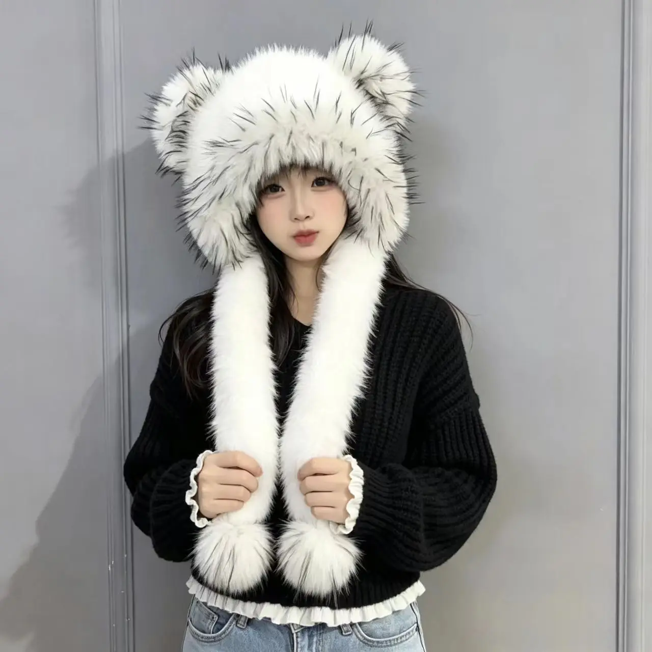 Winter women's faux fur hat color blocked fashionable warm Bomber hat thick plush faux fox fur ball hat cold-proof fur cap