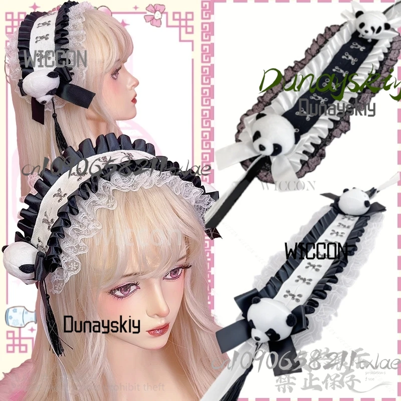

Chinese Styles Panda Lace Hair Accessories Ornament Headband Y2K Girly Fashion LOLITA Halloween Anime Jirai Kei Girls Customized