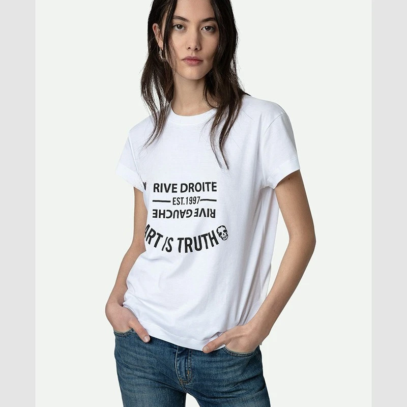 

25 Summer New French Niche Classic Letter Print Hem Split Cotton Women's Short-sleeved T-shirt