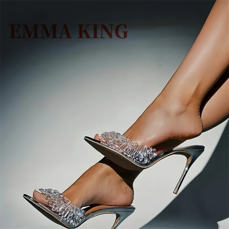 Clear PVC Open Toe Mules Women Sparkling Silver Mirrored High Heels Elegant Shoes Ladies Beaded Decor Solid Slippers Big Size 46