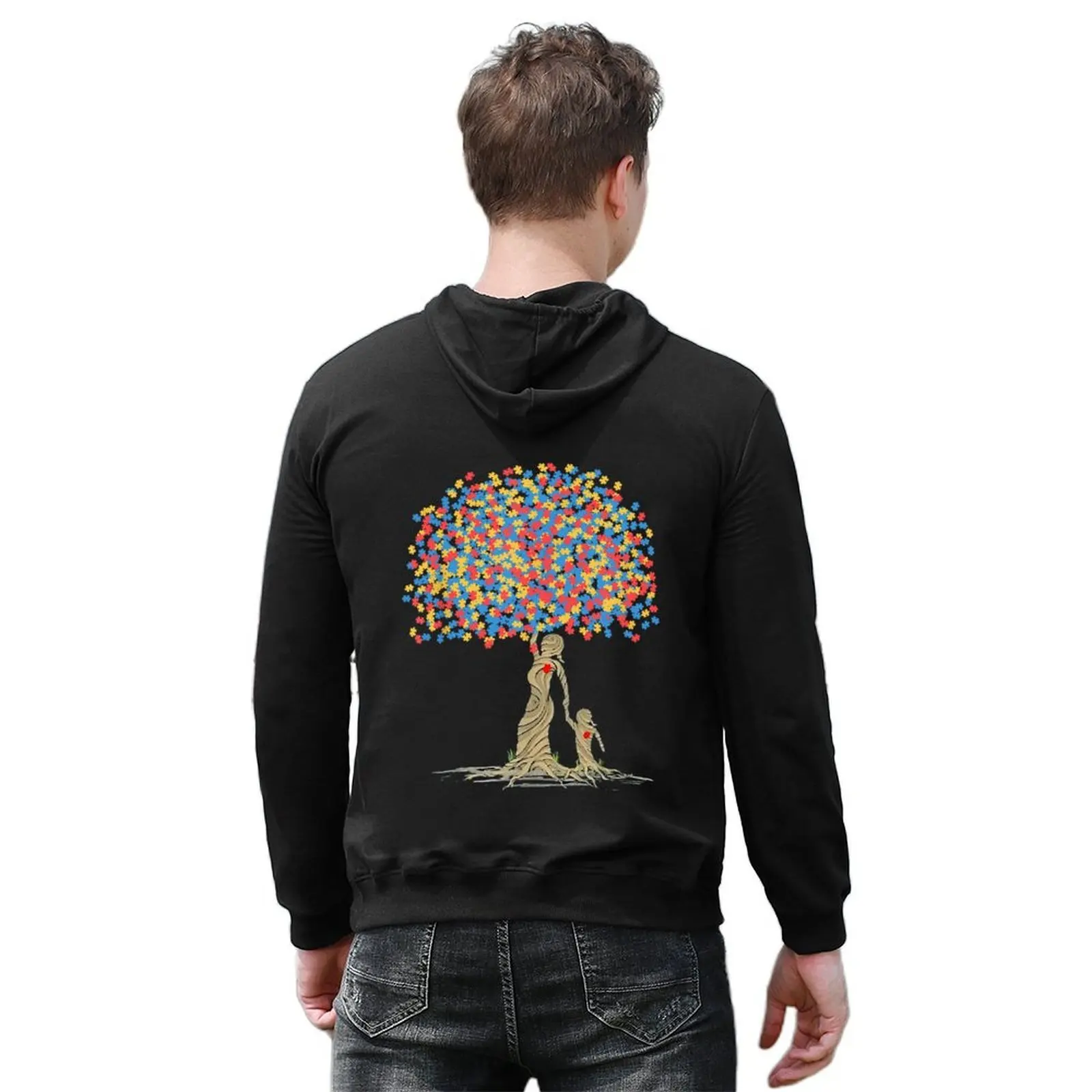 Autism Awareness Autistic Kids Puzzle Pieces Tree Hoodie mens clothing men's clothing men's autumn clothes men's oversize hoodie