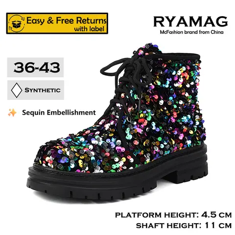 RYAMAG Lace-Up Ankle Boots with Chunky Platform Sole & Sequined Upper for Fashion Occasions