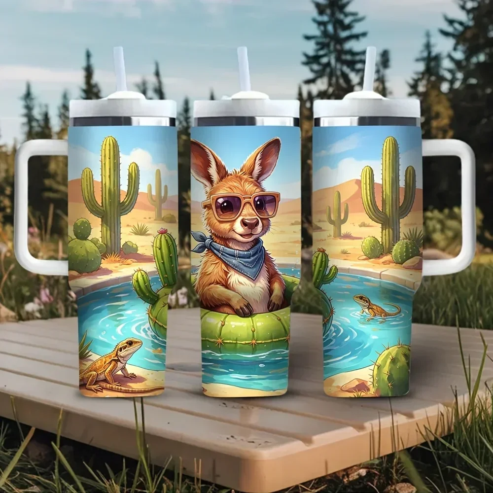 40Oz Tumbler with Handle, Printed with Cute Kangaroo Lizard Cactus in Sunny Desert Pool, Fits Hot And Cold Drinks, Ideal for Outdoor Travel Camping Hiking Daily Use for All People