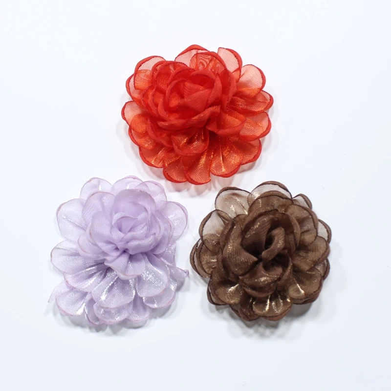 10PCS Handmade Artificial Satin Burnt Multi Layer Flower Clothing Sewing Wedding Hair Clip Headwear DIY Accessories