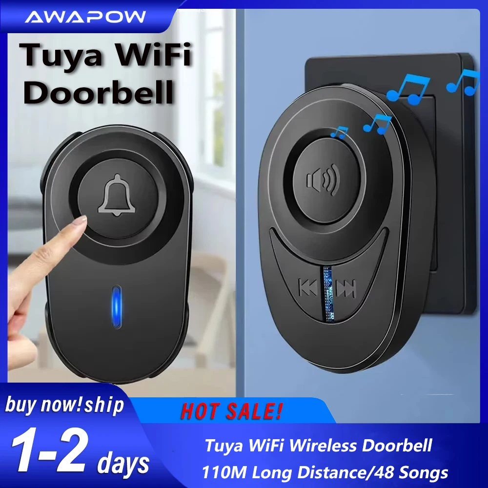 Awapow Tuya Wifi Deurbel Draadloos Huis Welkom Deur Bel Alarm Beveiliging Smart Home 110M Lange Draadloze Afstand 48 Nummers