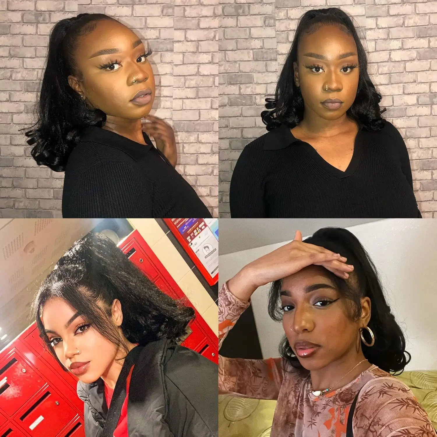 وصلة شعر قصيرة برباط أسود للنساء ذوات البشرة السمراء بطول 14 بوصة ذيل حصان مستقيم مع تجعيد نهاية قطعة شعر صناعية مزيفة